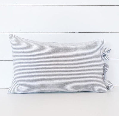 Linen blend 12x19 tie pillow with blue ticking stripes