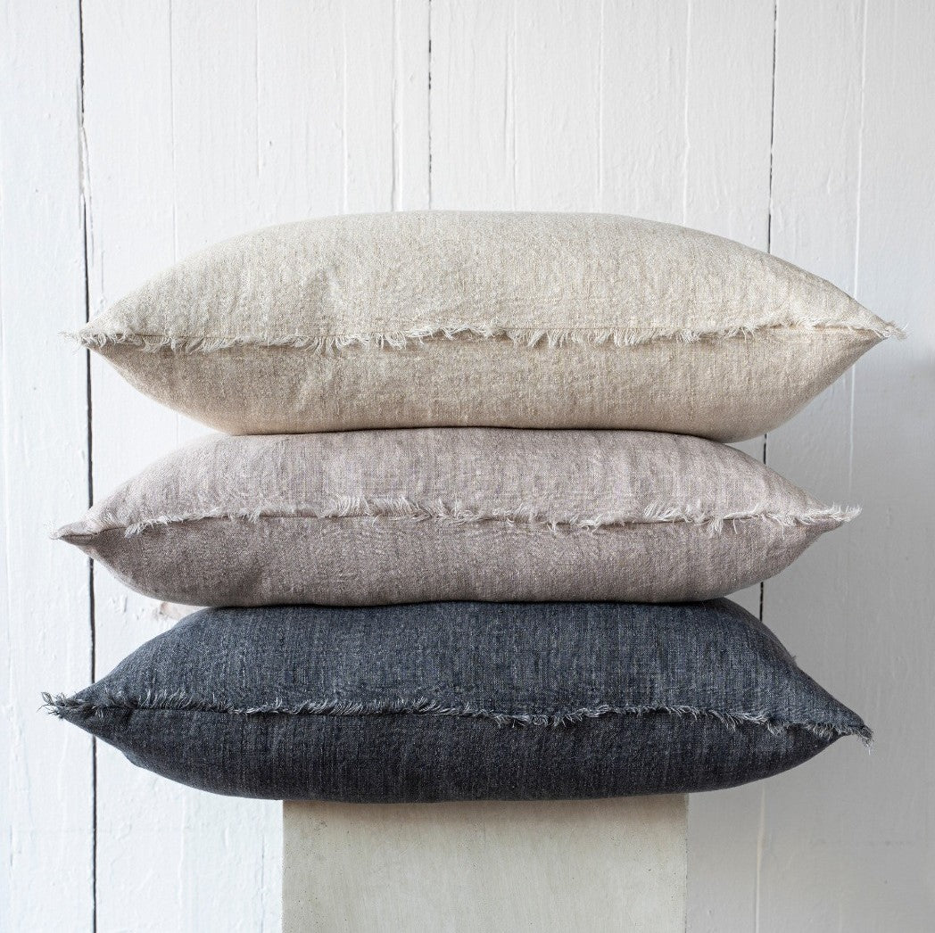 Lina Linen Pillows: by Indaba, SKU 1-3359-C, Size: 24"x24", Color: coal. Third one in stacked pillows.