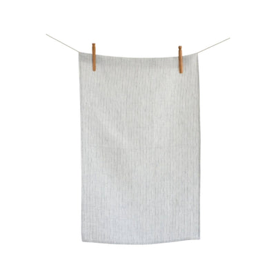 Annex Tea Towel, Ivory with Blue Ticking Stripes. Hanging on clothes line.