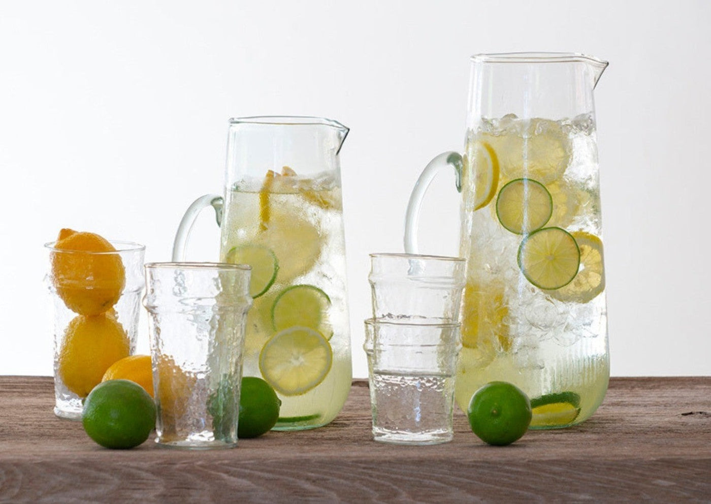 Antique farmhouse style drinkware - Le Souk Large Tumbler and pitchers.