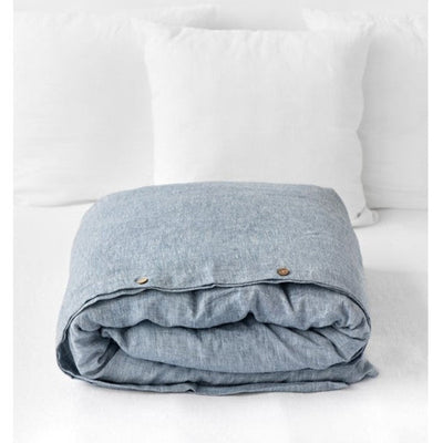 Blue-Melange Linen Duvet Cover: wide fabric is used by Magic Linen to make their bedding so there won't be any additional seams in the middle. Made from 100% European Flax with coconut buttons and interior ties. - At Avalon Willow Home