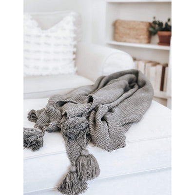 Cable Knit Throw With Tassels, Grey