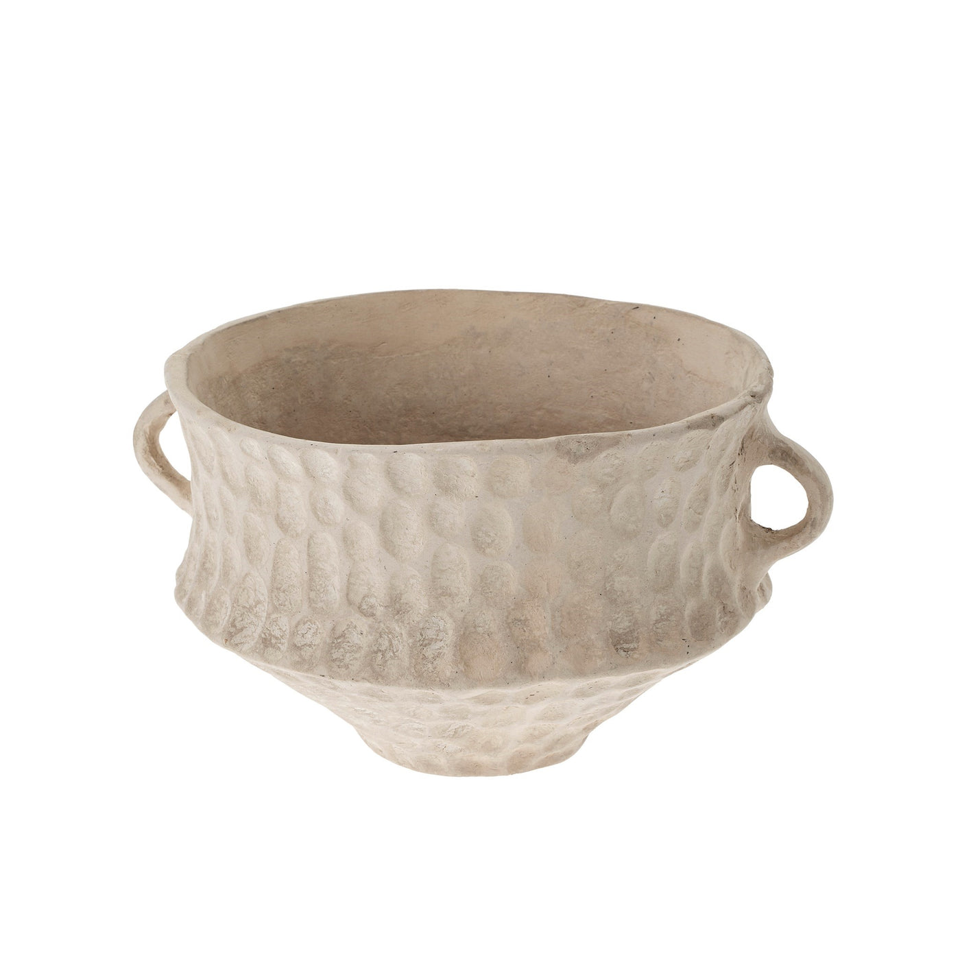 Cascade Paper Mache Urn at Avalon Willow Home:  handcrafted from textural papier maché, with a chalky, limewash-like dimpled texture and characterful handles. Made from recycled newspaper, it's entirely natural and sustainable. Can be used as a decorative bowl.