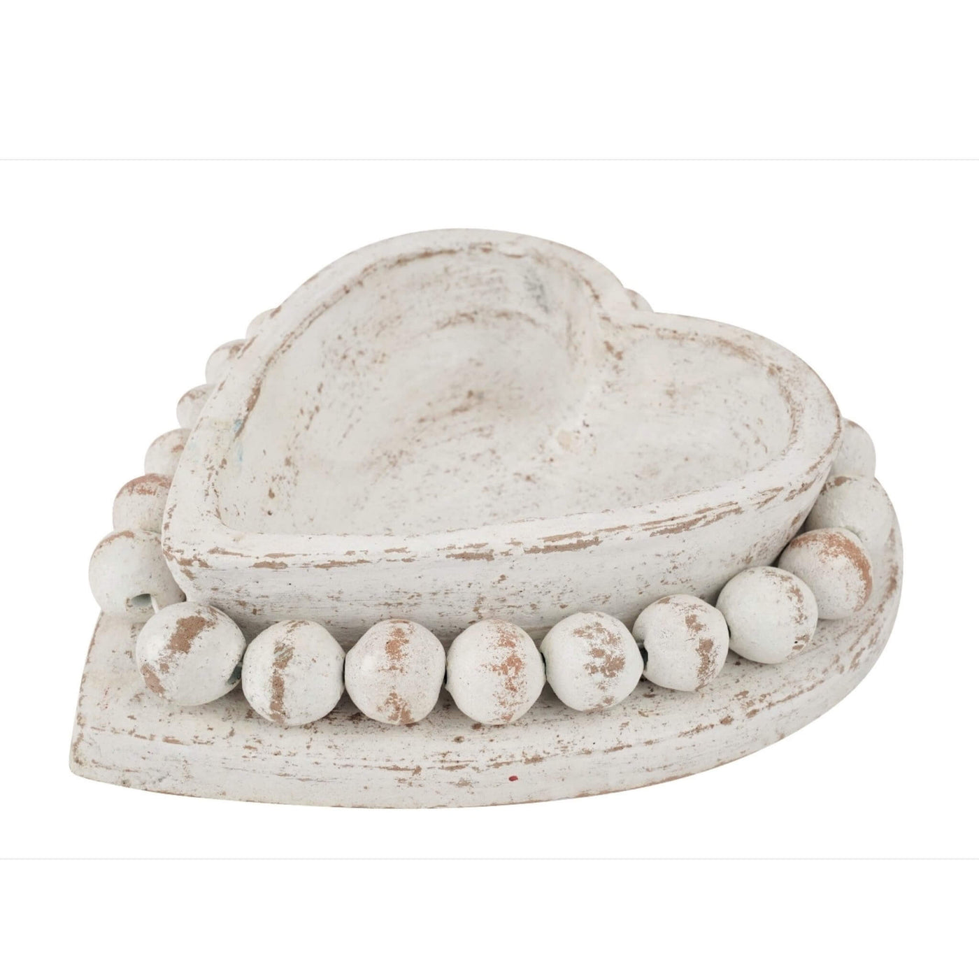 Clay Heart Bowl with removable beads, in an antique whitewashed finish