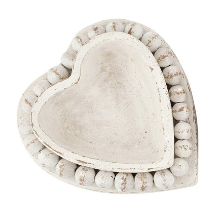 Handmade Clay Heart Bowl with removable beads, perfect for DIY candle pouring projects, featuring a rustic, vintage whitewashed design.
