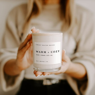 Warm and Cozy Soy Candle 11oz white jar with wood lid