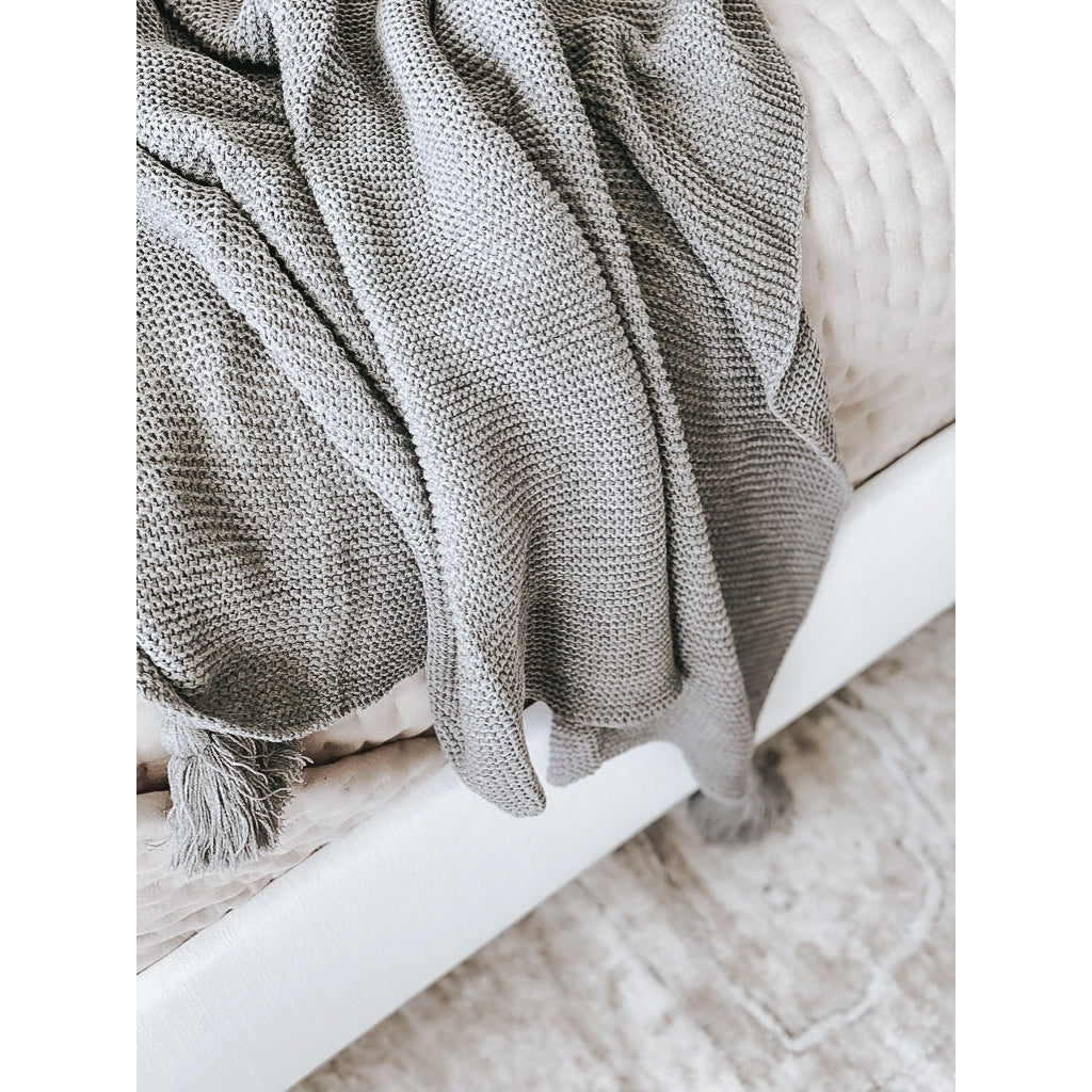 Crochet Knit Throw Blanket - Grey With Tassels