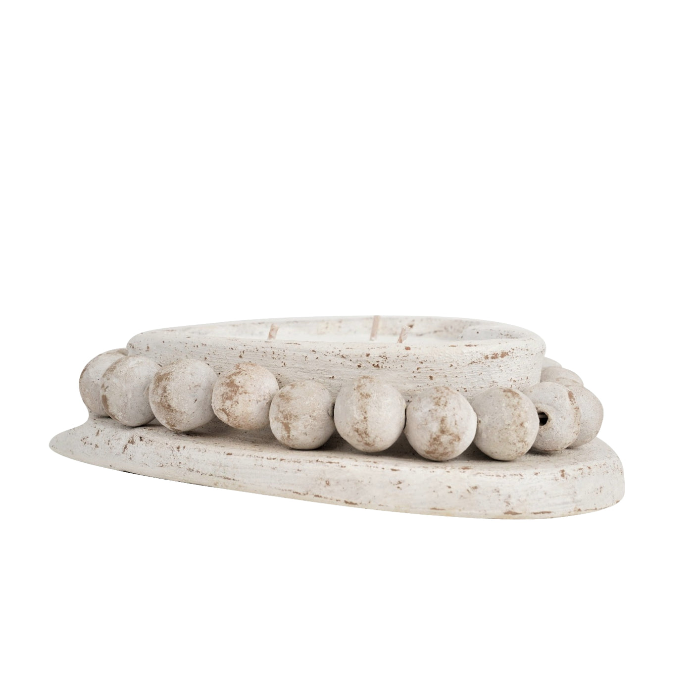 Distressed White candle holder: is made from clay, heart shaped with removeable beads. Use it as a vessel for candle making or use alone as décor. Side View