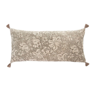 Emerson Lumbar Pillow: Soft floral pattern in beige and light brown undertones, with tassels on corners. 14"x31" includes a sink-into feather down insert