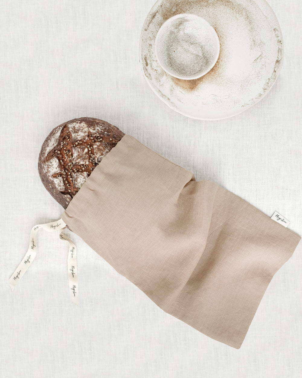 European Linen Bread Bag in natural color, with drawstring.