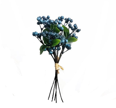 Faux Blueberry Pick: Lifelike blueberries with small leaves on a brown branch. Adds soft color to your space. Perfect to add to Christmas greenery. 11"H