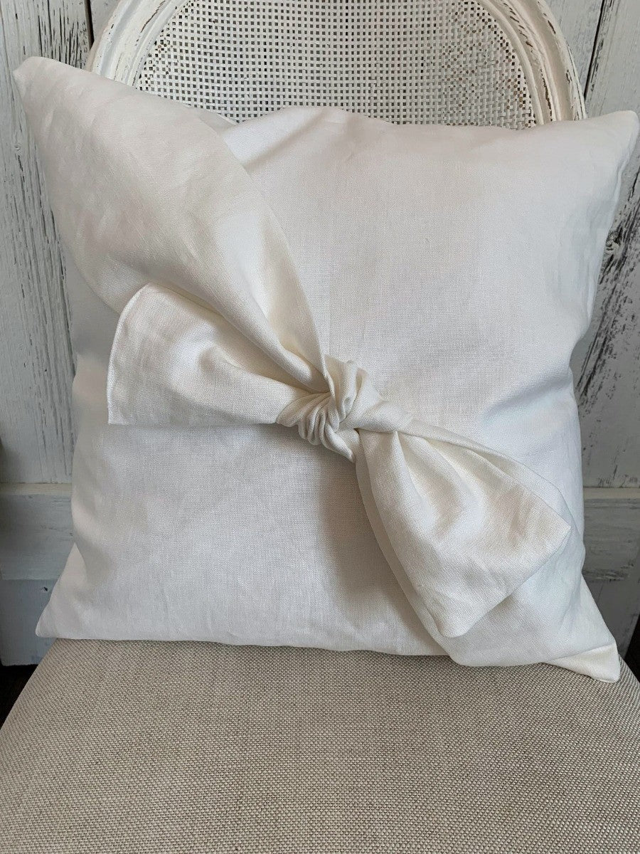 French Bow Pillow, White Linen 20x20