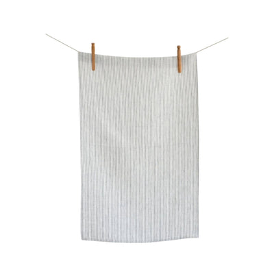 French striped linen tea towel Hanging on clothes line.