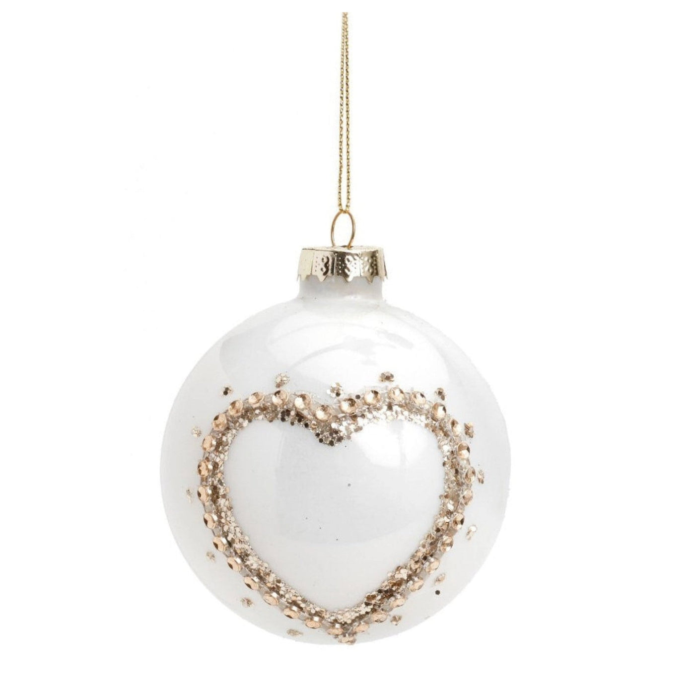 Golden Jeweled Heart Ornaments: White ball with gold heart shape. Set of 6. Perfect for decorating Christmas tree. On sale at Avalon Willow Home in Canada