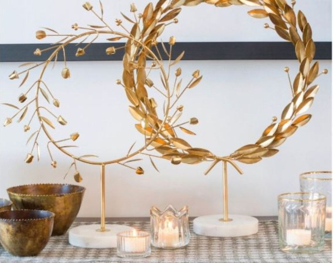 Gold Wreath on Marble Stand: brings a French-style elegance to your home. - Grecian