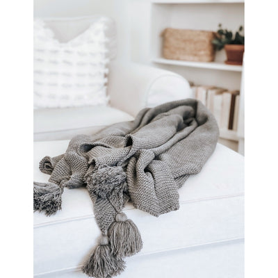 Grey Knit Throw Blanket with Tassels on corners for couch