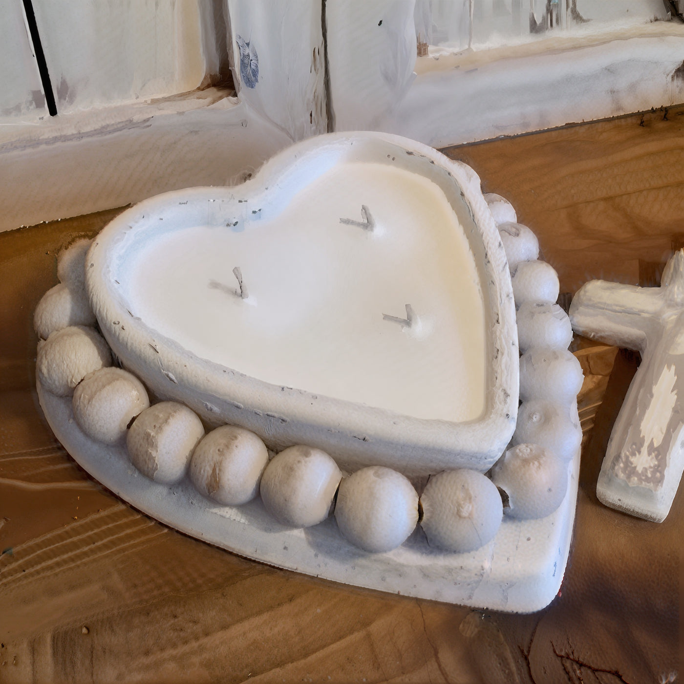 Handmade Clay Heart Bowl with removable beads, distressed whitewashed finish