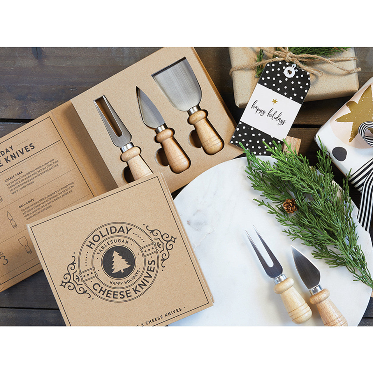 Holiday Cheese Knives - Set includes: Cheese Fork, Bell Knife, Chisel Knife, and cardboard gift box