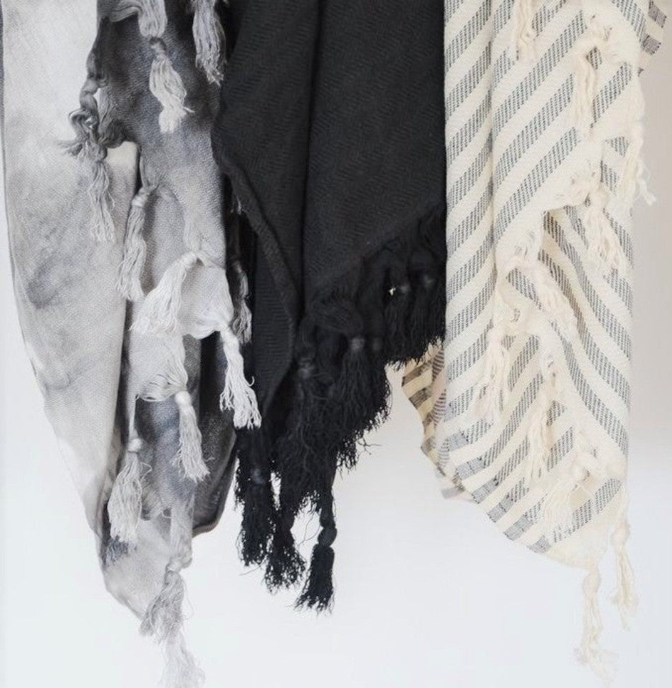 Abyss-hued Turkish Towel: Its deep charcoal hue and knotted fringe add touches of texture and sophistication to your look. Hung beside other neutral towels with tassels.