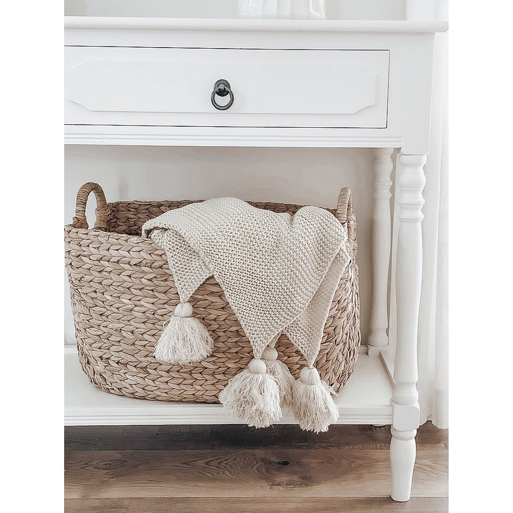 Throw Blanket With Tassels - Knit Beige/Cream - in basket