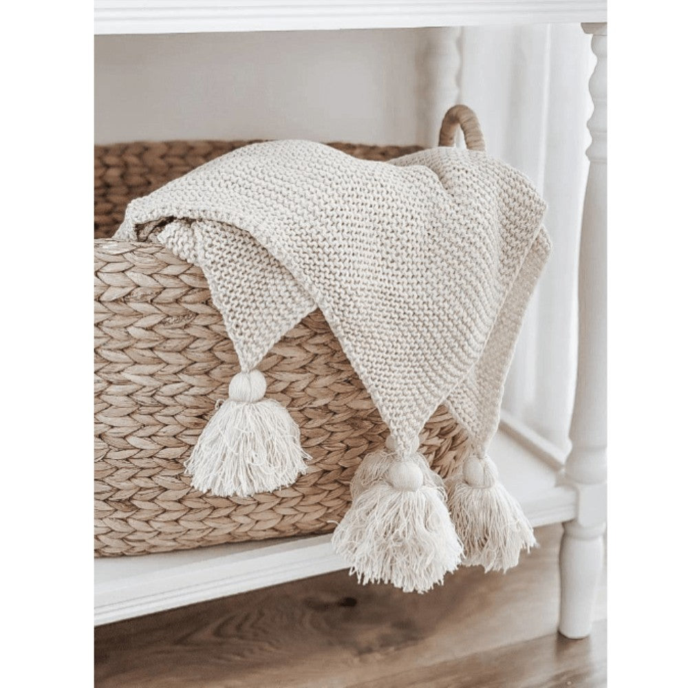 Knit Throw Blanket With Tassels, Cream