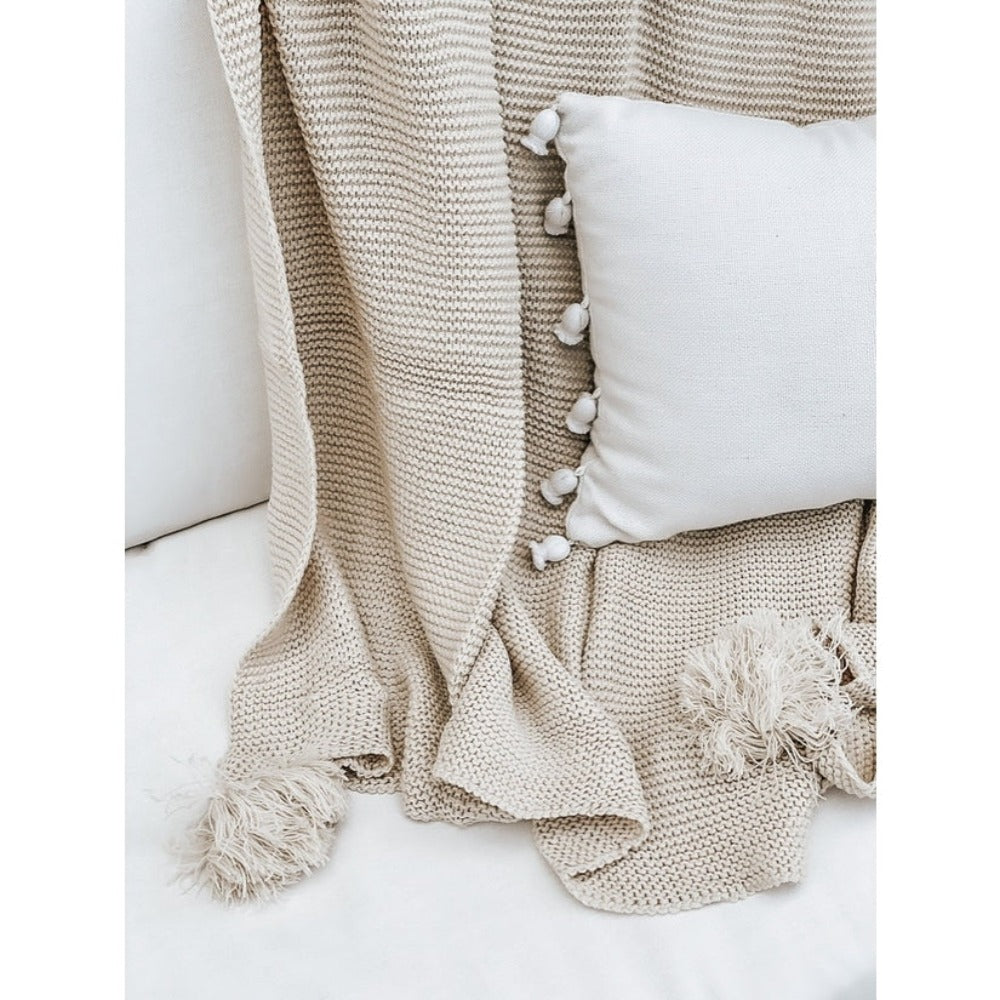 Knit Throw Blanket With Tassels, Cream