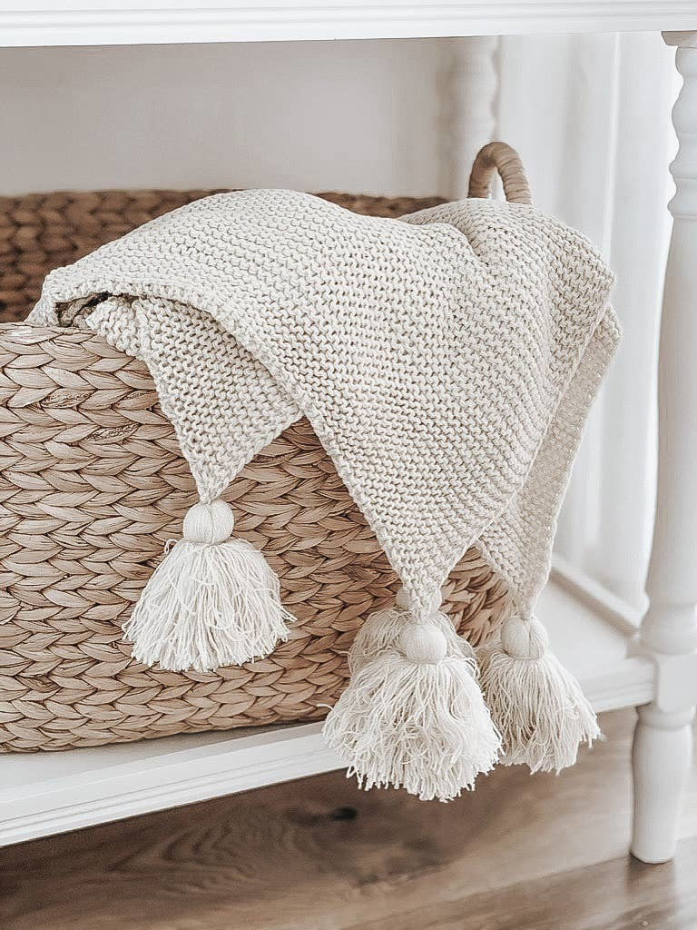 Knit Throw Blanket With Tassels, Cream