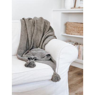 Knit Throw Blanket with Tassels, Grey