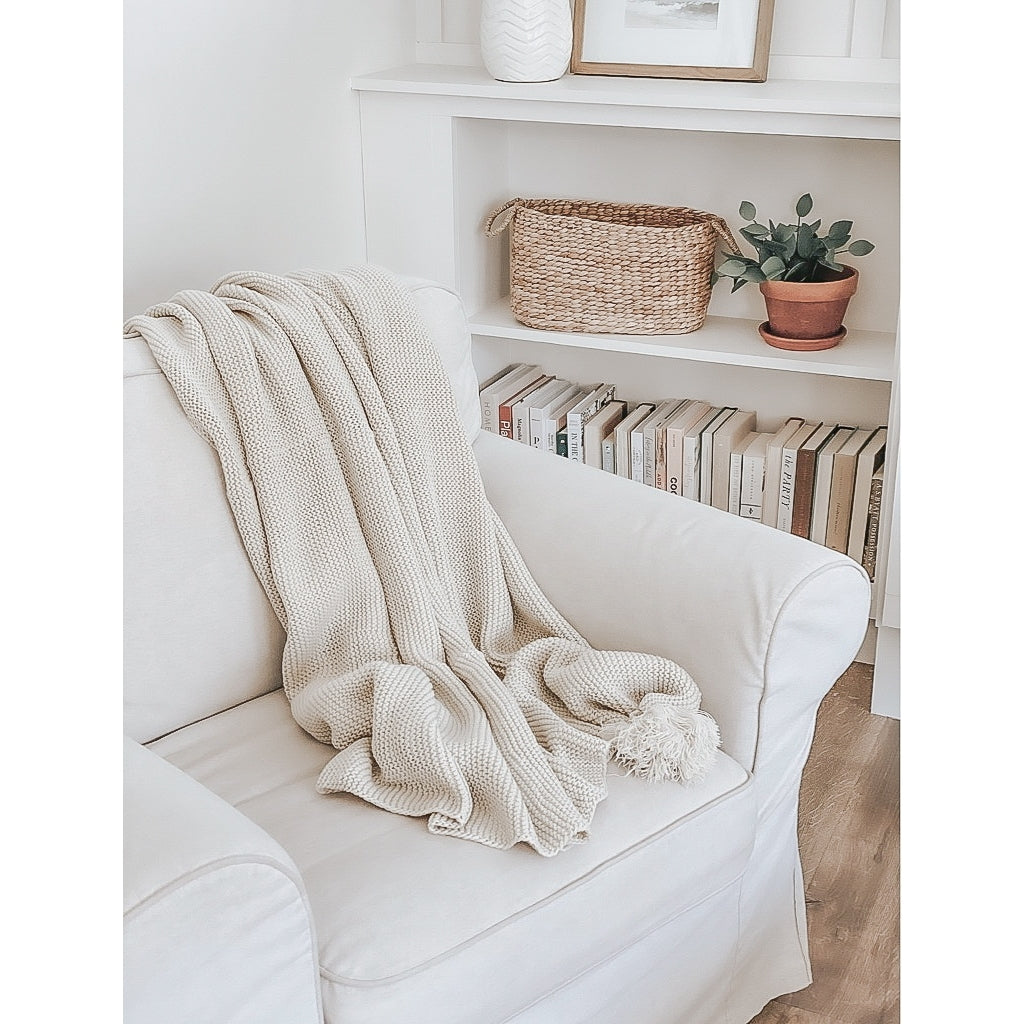 Throw Blankets - Feature Tassels, Color Cream-Beige