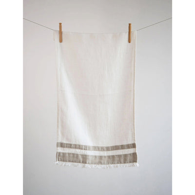 Lipari Linen Towel: Cloth tea towel for your kitchen or guest towel for your bathroom. White with beige stripes and fringed edges.