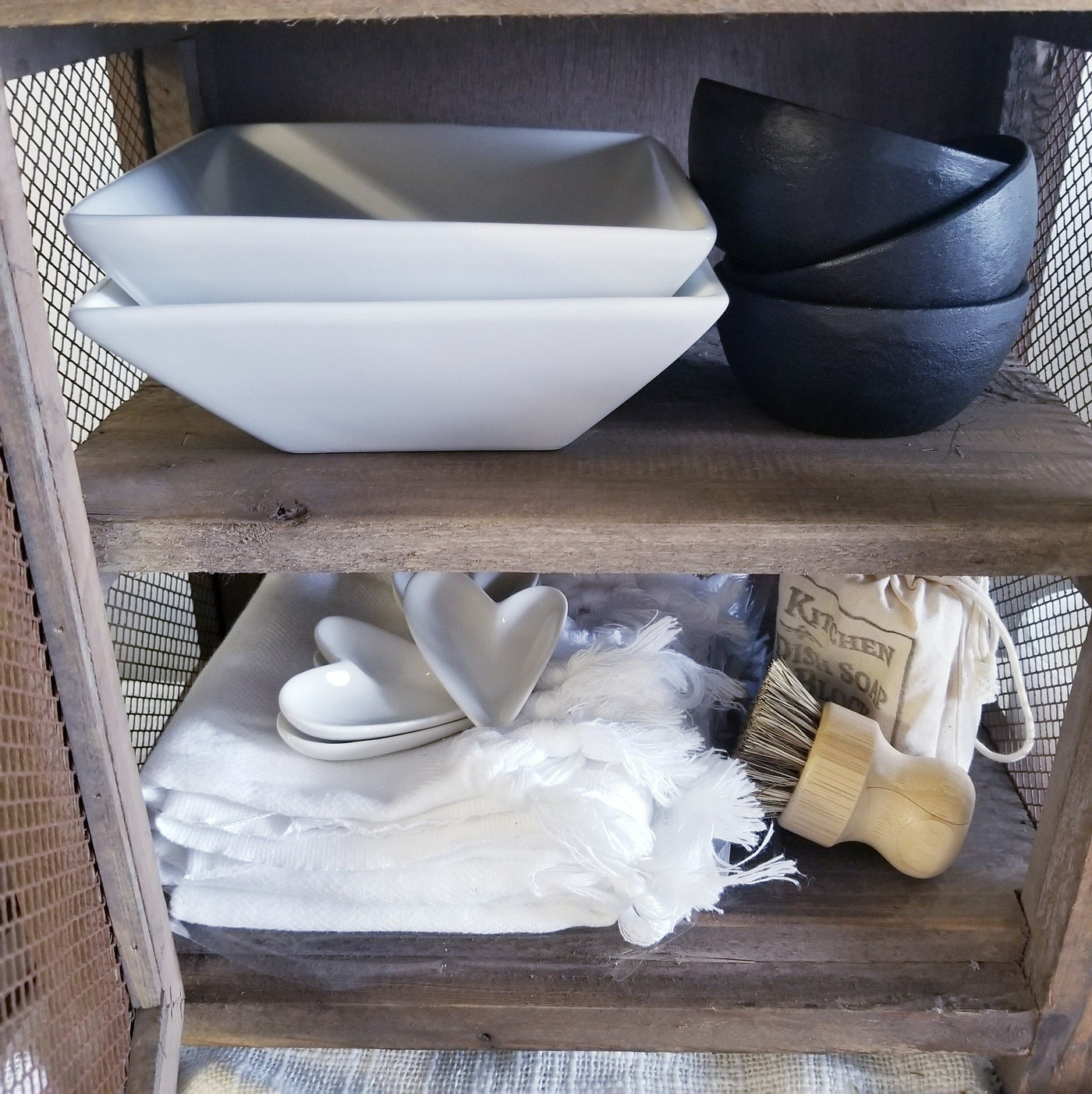 Porcelain Trinket Dish in a mini heart shape. In wooden cupboard. 