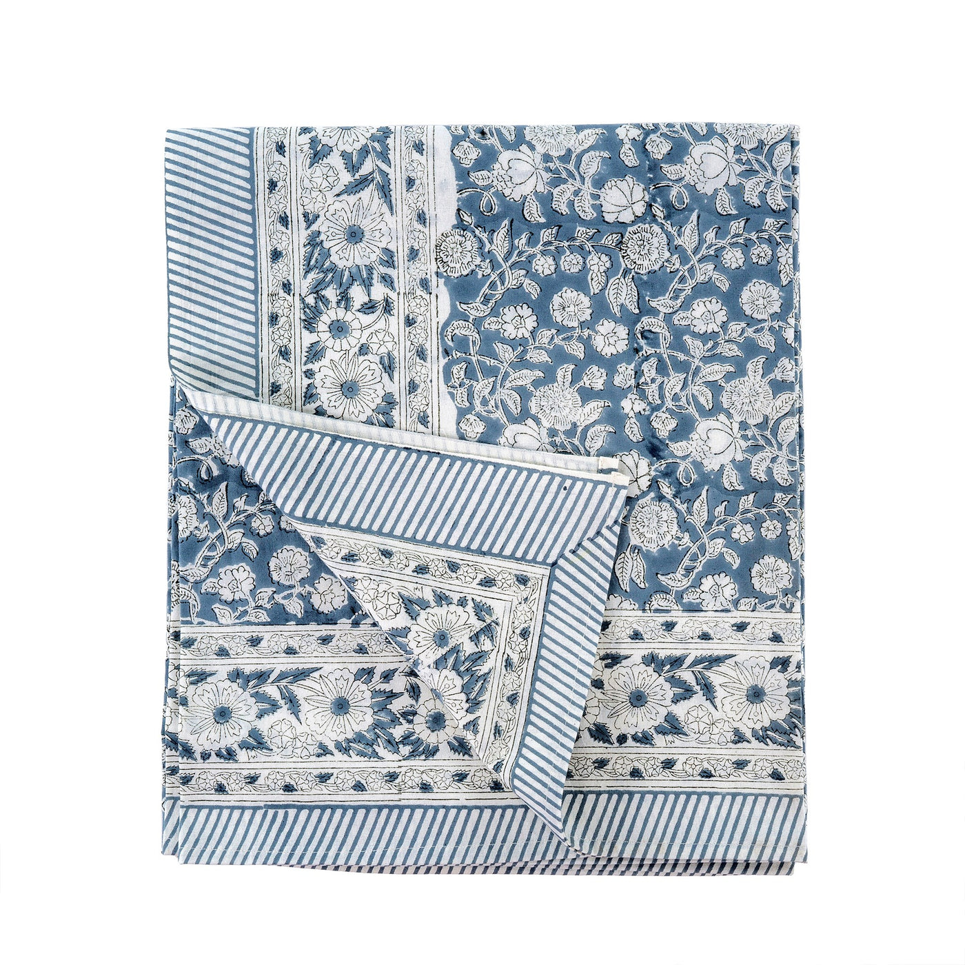 Primrose Block Print Tablecloth, Grey Blue