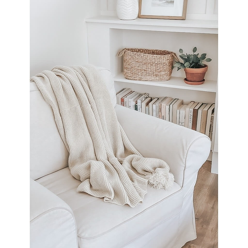 Throw Couch Blanket, Knit With Tassels, Cream