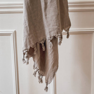 Luxury Turkish Towel: Haven color, Oversized at 63" x 39.4", larger than typical towels. Artisan made with hand-knotted fringe. SKU: OVT007, Brand: House of Jude