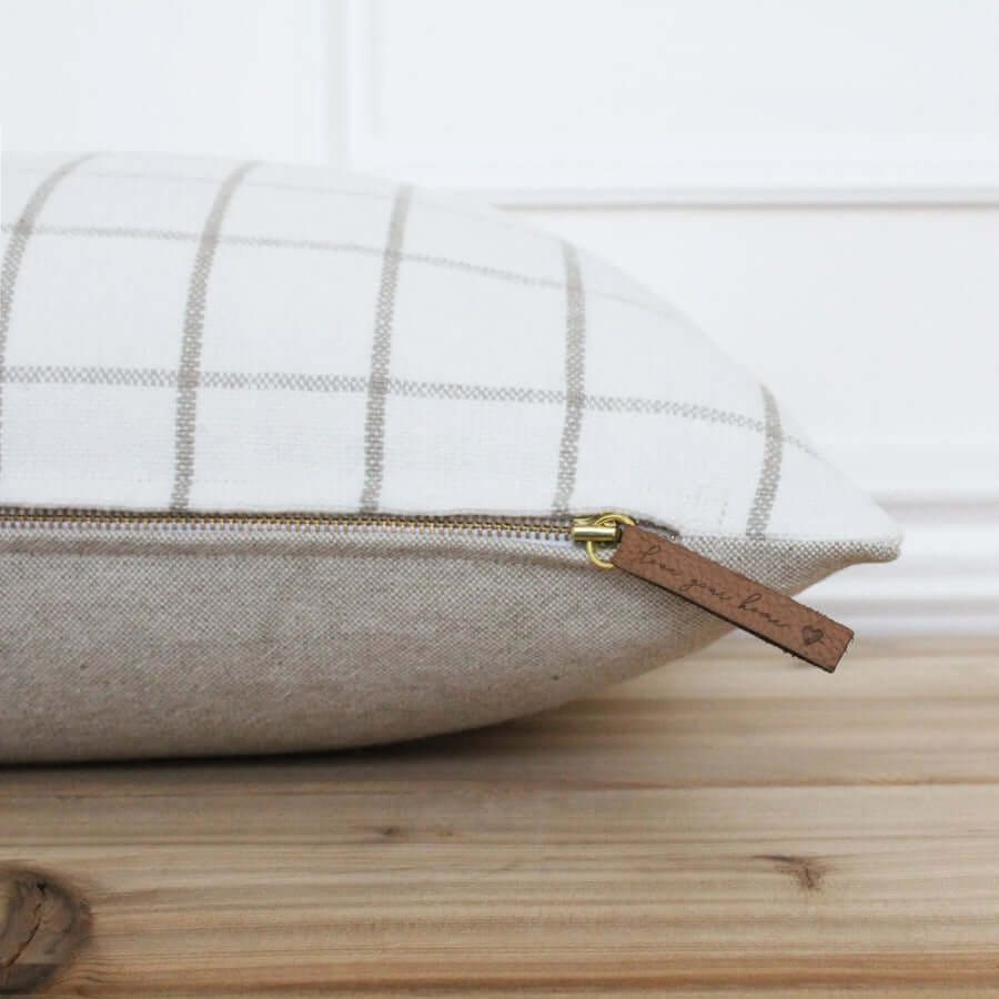 Windowpane Throw Pillow – 24x24 Off-White & Beige Linen-Cotton
