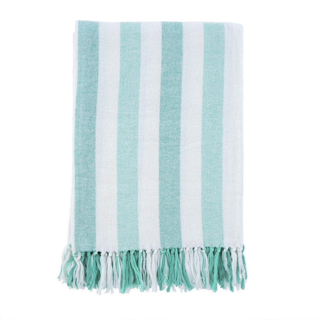 Cabana Stripe Throw – White and Turquoise Stripes with Hand-Knotted Fringes - Coastal style