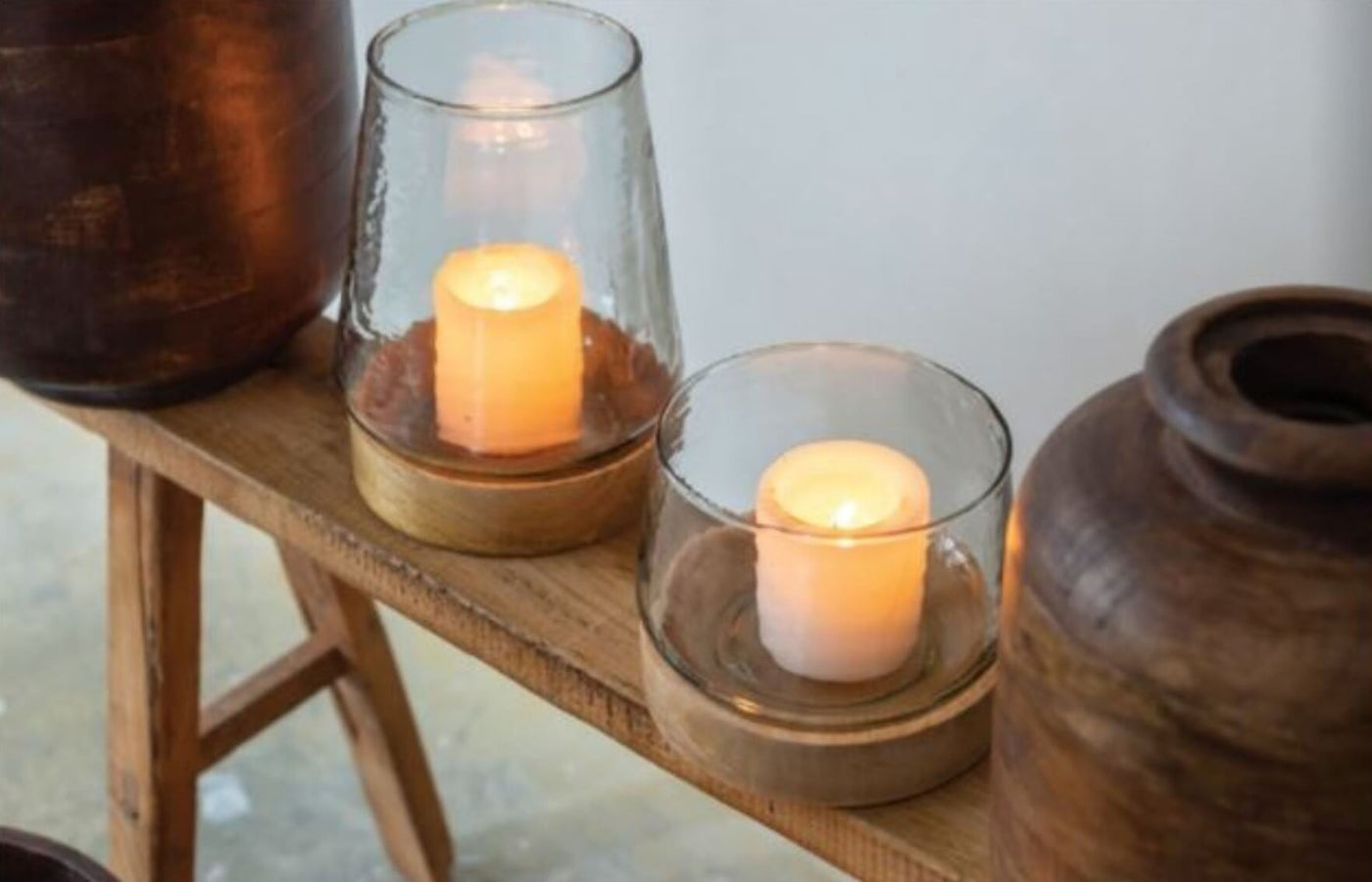 Farmhouse Pillar Lanterns, displayed on bench