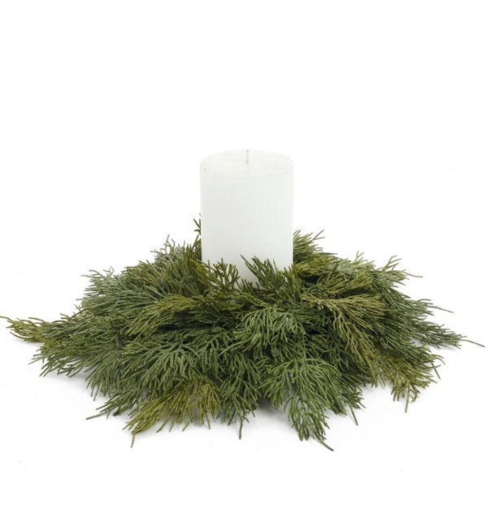 Faux Cedar Candle Wreath – 14 inch Holiday Décor, Centerpiece Accent for Tables and Shelves