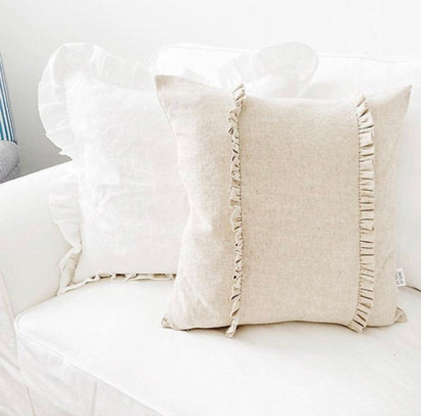 Luxury Pillows Canada - White linen full ruffle 24x24 pillow with natural pillow on couch