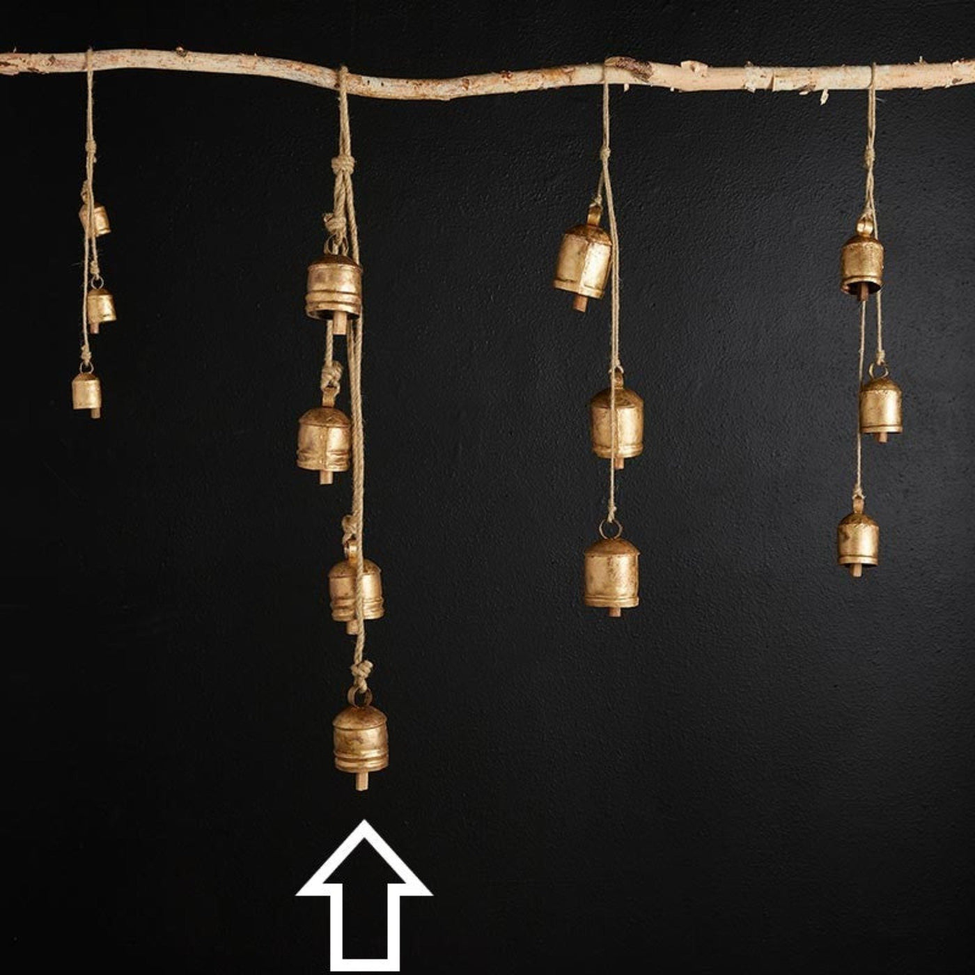Gold metal cascading bells with jute rope (4 bells)