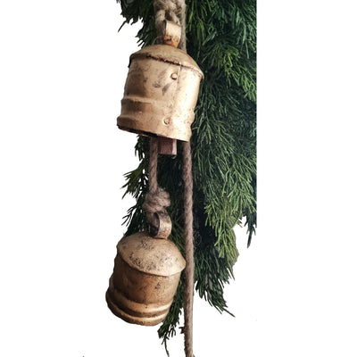 Rustic Cow Bells on Jute Rope to hang above a fireplace mantel with garland