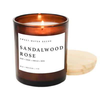 Sandalwood Rose Soy Candle: in amber jar, white label and wooden lid