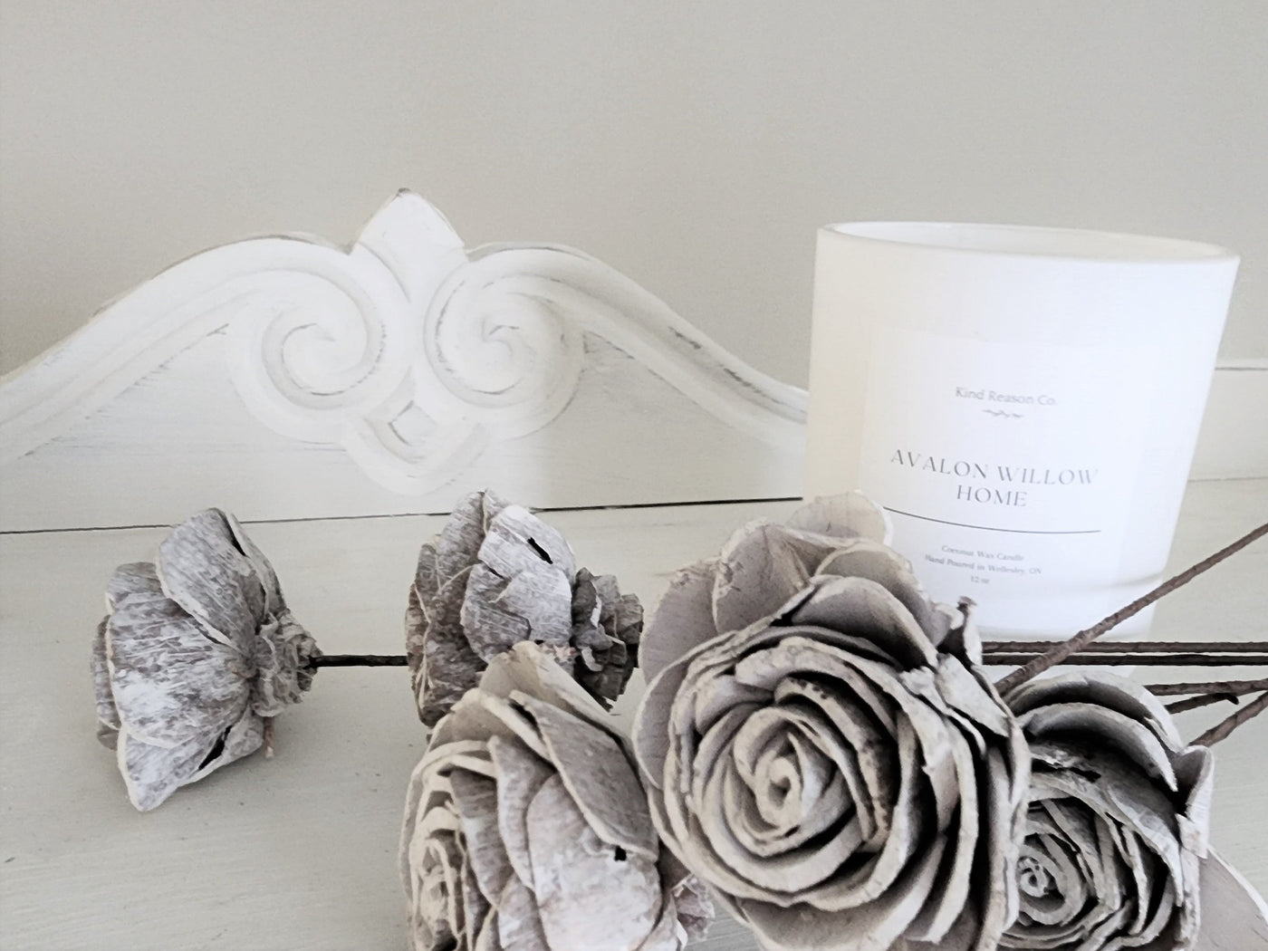 Sola Roses Large, Whitewash color - Small Sola Roses shown with candle on rustic white table