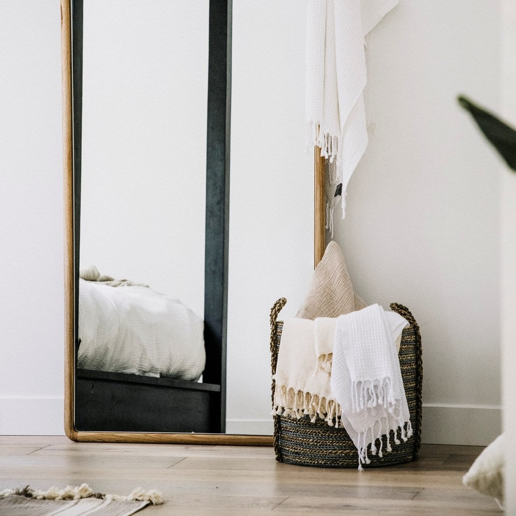 waffle weave Stonewashed salt Hand Towel draped in decorative basket