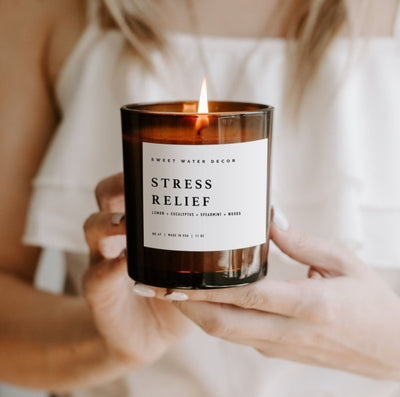 Stress Relief Soy Candle by Sweet Water Decor. Volume 11oz | 213g net weight | 3 x 3 x 3.5"