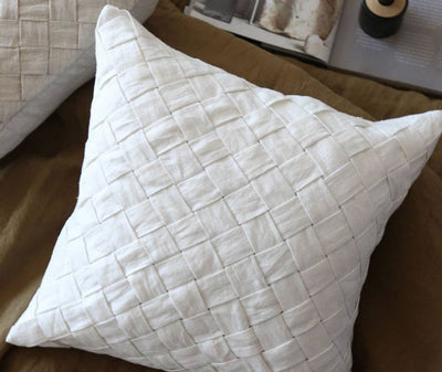White Linen Basketweave Throw Pillow with Wooden Buttons - 18x18