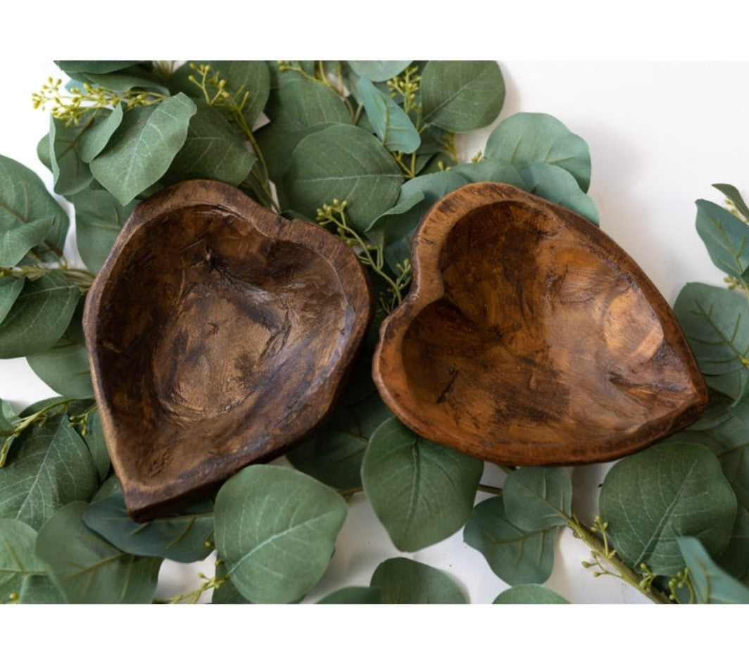 natural colored heart shaped dough bowl 6x6 on eucalyptus leaves