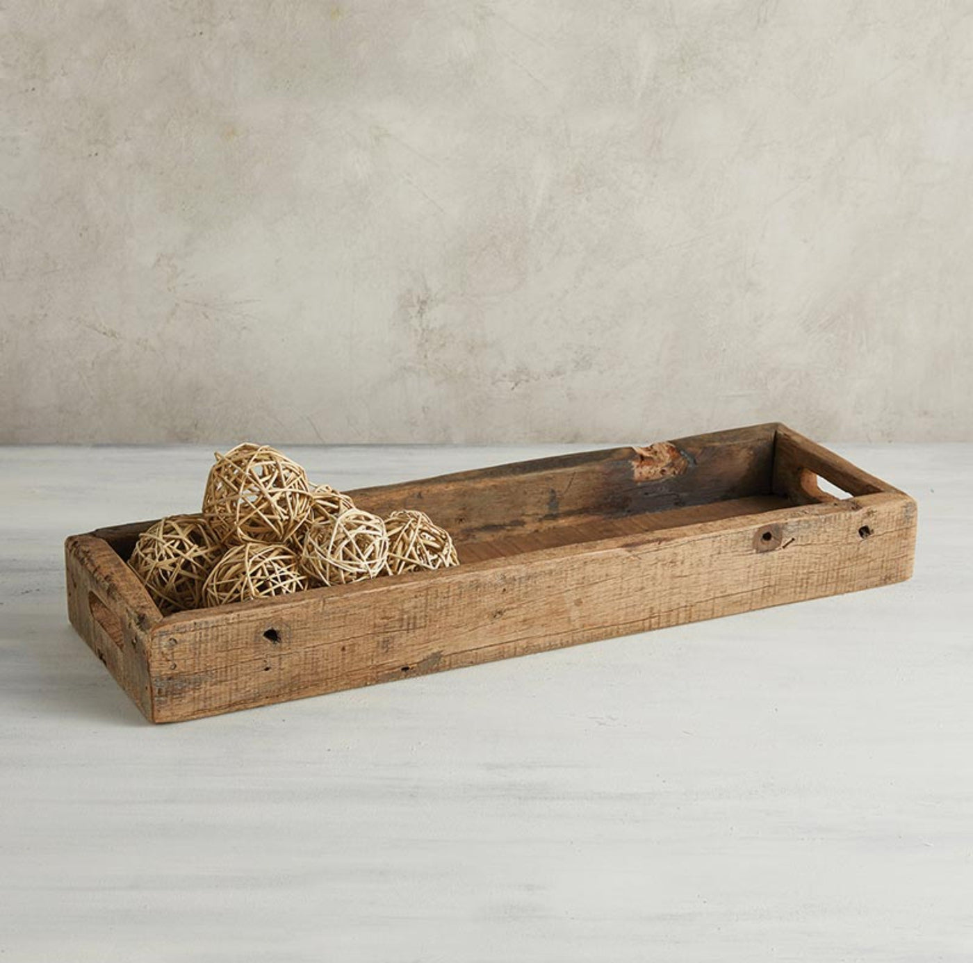 Wooden Tray: Rustic wood, in a rectangle shape with handles. Decorative balls not included.