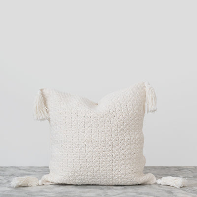 Materials - 100% hand-crocheted cotton, Crochet Pillow with tassels