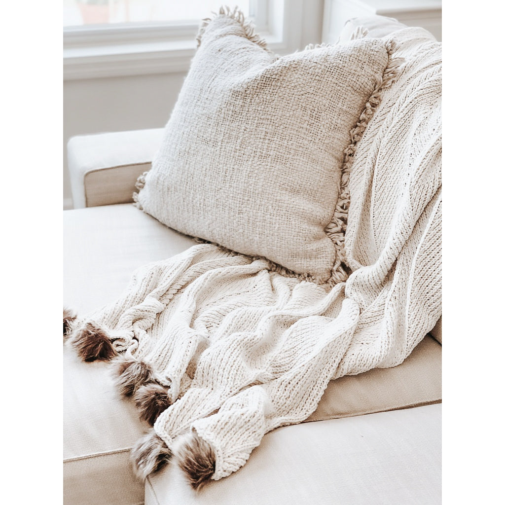 Cream with Faux Fur Poms Throw Blanket